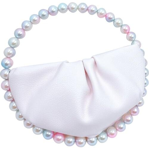 Women Ins Pearl Circular Evening Bag Women Round Handle Pu Dinner Clutch Purse Ladies Half Moon Handbag Purse