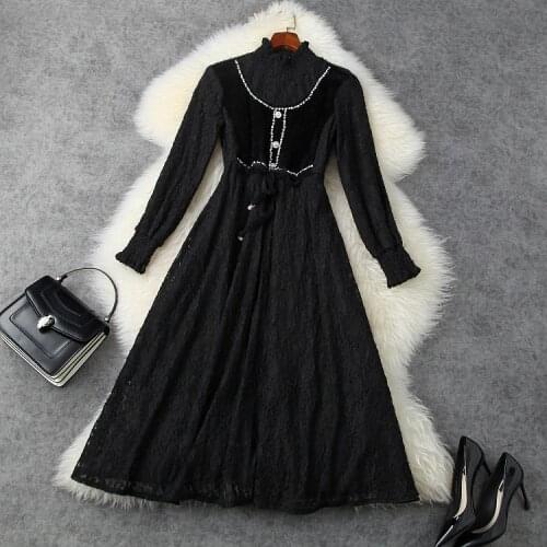 European and American womens wear 2020 winter new style Long sleeve collar Nail bead Sable quilted lace fashion dress