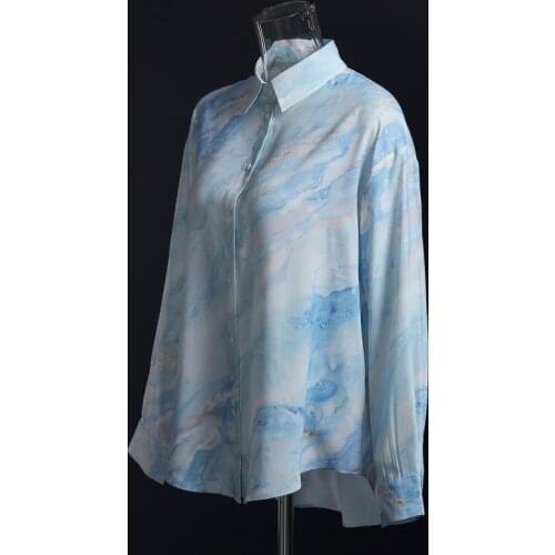 Womens Tie-Dye Abstract Printed Shirt Blue Lapel Long-Sleeved Loose Shirt Single-Breasted Fashion Cardigan Top 2021 New