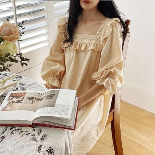 Sweet Soft Cotton Womens Long Nightgowns Princess Lace Embroidery Long Sleeve Sleepwear Spring Autumn Homewear