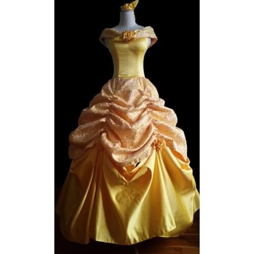 Cartoon Movie Girl And Beast Belle Cosplay Costume Halloween Party Gown Adult Women Yellow Elegant Dress