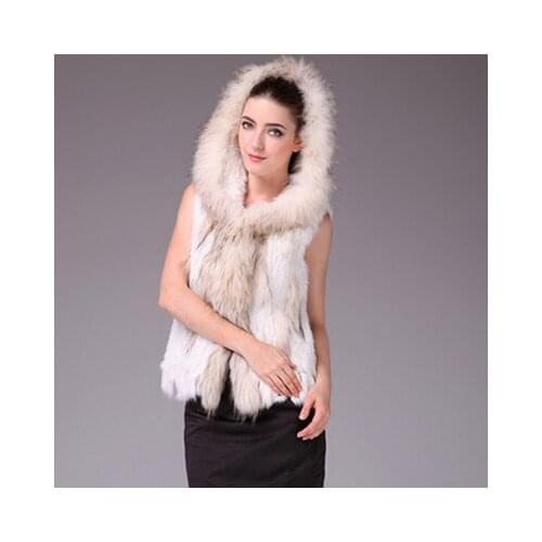 Womens Genuine Natural Knitted Rabbit Fur Waistcoat with Hoody and Tassels Vest Lady Slim Gilet VF0365