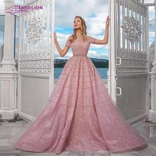Elegant Dubai A-Line Evening Dresses for Women 2020 Sequined Handmade Off Shoulder Short Sleeves Beading Formal Party Gowns
