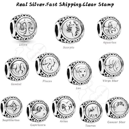 12 Horoscope Beads Real 925 Sterling Silver Constellation Charms Fits Original Bracelets Bangles Birthday Gift