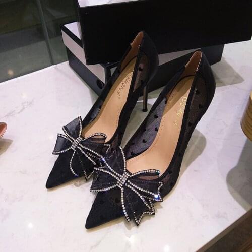2021 Fashion New Style Women Wedding Shoes Lace Bowknot Dot Mesh Pointed Toe Shallow Pumps For Party