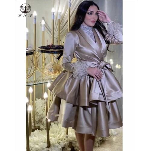 Arabian Design Vestidos De Formature High Collar Beaded Long Sleeve Feather Knee Length Tiered Brown Short Prom Dresses