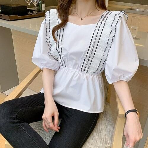 French style chic ruffle blouse women top vintage square collar puff sleeve womens shirt elastic slim waist white blouses femme