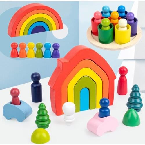 Baby Wooden Toys Rainbow Building Blocks DIY Creative Stacking Balance Game Montessori Educational Toys for Children Gift