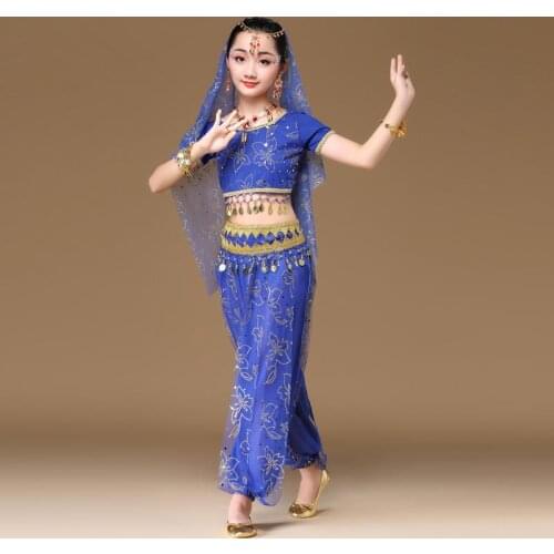 Sari Dancewear Kids Indian Outfits Bollywood Clothing Children Belly Dance Costume Set 4pcs (Top Belt Pants Veil)