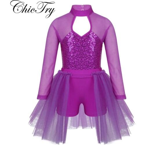 Cute Kids Girls Tulle Shiny Sequins Cutout Back Ballet Dance Costume Leotard Jumpsuit Tutu Dress for Lyrical Contemporary Dance