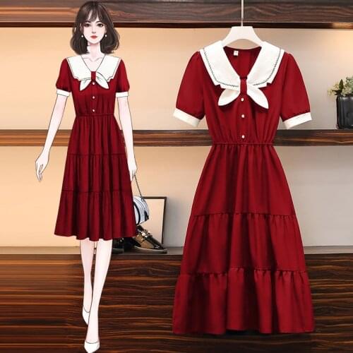 EHQAXIN Plus Size Ladies Sweet Doll Collar Dress Red Summer 2021 Button High Waist A-Line Pleated Long For Womens Dresses M-4XL