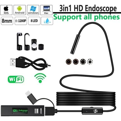 8mm Endoscope Camera 1200p Wifi Drain Pipe Engine Inspection Camera Wireless 3 in 1 Borescope for Android Phone TypeC Smartphone