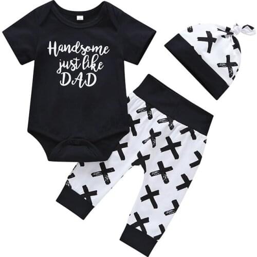 Spring and autumn baby long-sleeved ha-shirt black X pattern 3pcs Cotton long-sleeved hooded hat and pants and romper sets
