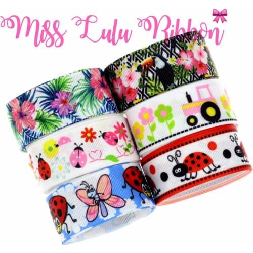 16mm-75mm Flower Patterns Ladybug Butterfly Printed Grosgrain Ribbon/Foe Hair Band Making DIY Party 50yards/roll