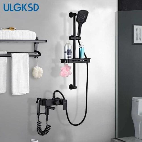 Matte Black Wall Mounted Shower Set Faucet Single Handle with Handshower Shelf Bathroom Shower Mixer Tap Tower Hook Bidet Faucet