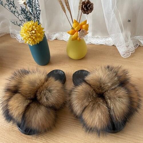 Pom Pom Fur Slippers For Women Fluffy Real Fox Fur Slides Furry Raccoon Fur Sandals Ladies Cute Fur Ball Flip Flops Rainbow Shoe