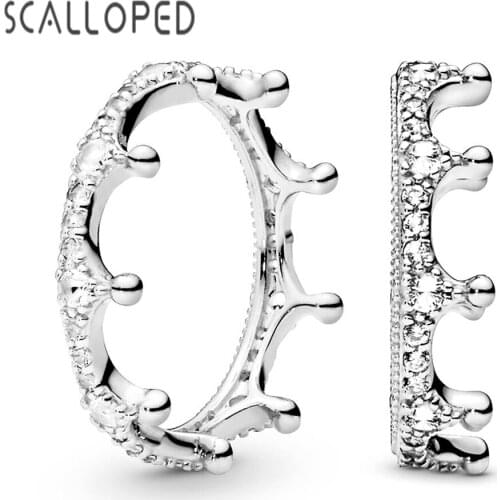 SCALLOPED Trendy Magic Princess Crown Women Rings Vintage Silver Plated Clear White Zircon Stackable Girls Fascination Jewelry