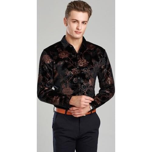 2017 Spring & autumn top quality new fashion design mens gold velvet shirt long sleeve floral dress shirts