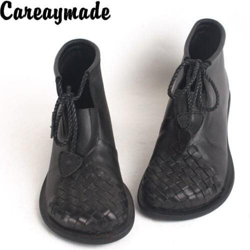 Careaymade-Original handmade new hollow hole shoes womens big toe sole leather woven cool boots high top womens single boots