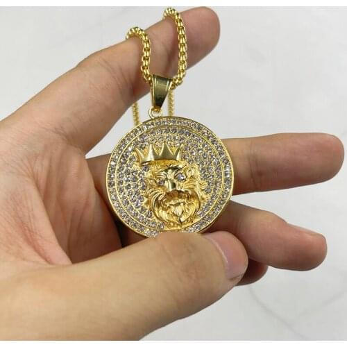 New Round Rhinestone Inlaid Lion Pendant Necklace Mens Necklace Fashion Animal Accessories Party Domineering Jewelry