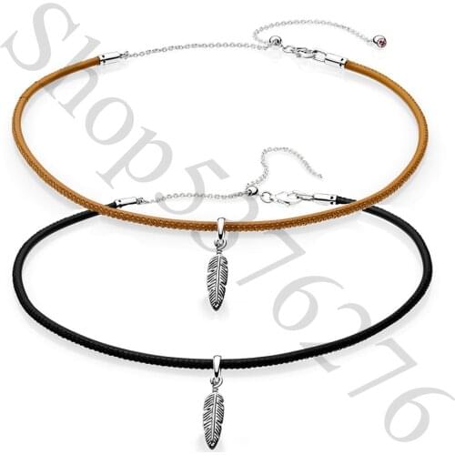 Authentic 925 Sterling Silver Leather Feather Fashion Choker Pendant Necklace Fit Pandora Women Bead Charm Gift DIY Jewelry