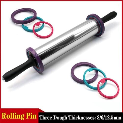 Adjustable Rolling Pin Stainless Steel Rolling Pin Dough Roller with 3 Removable Thickness Rings No-Stick Roller for Pizza Pasta
