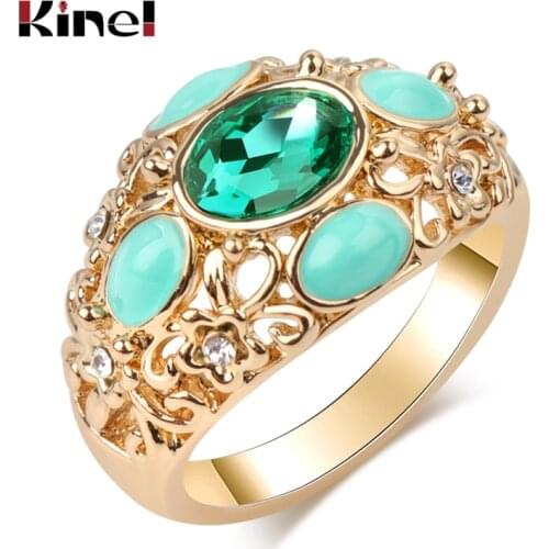 Kinel Luxury Women Rings Fashion Gold Green Glass Enamel Bridal Wedding Ring Couple Gift Vintage Jewelry Drop Shipping