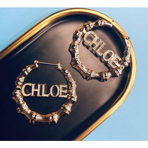 Personality Hiphop Bling Bling Earrings Hoop Round Earring With Diamond Big Plated Bamboo Name Custom Earrings Sexy Exaggerated