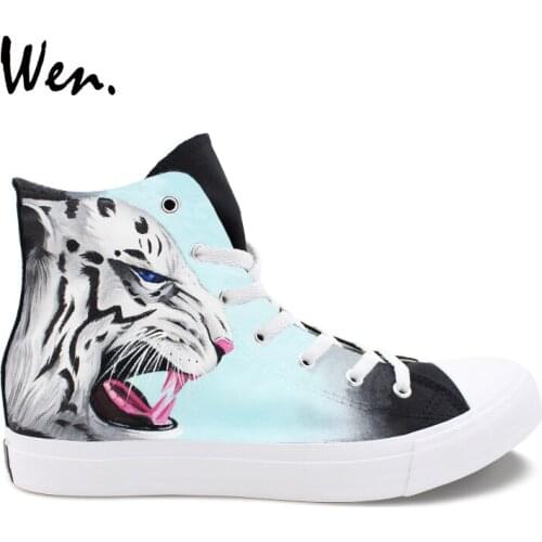 Wen Original Unisex Design Shoes Fierce Snow Leopard Hand Painted High Top Canvas Sneakers Boy Girls Skateboarding Shoes