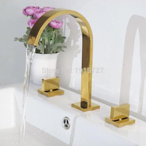 Vidric Deck Mounted Gold Waterfall Basin Faucet Dual Square Handle 3 Holes Sink Mixer Style Bathroom Faucets