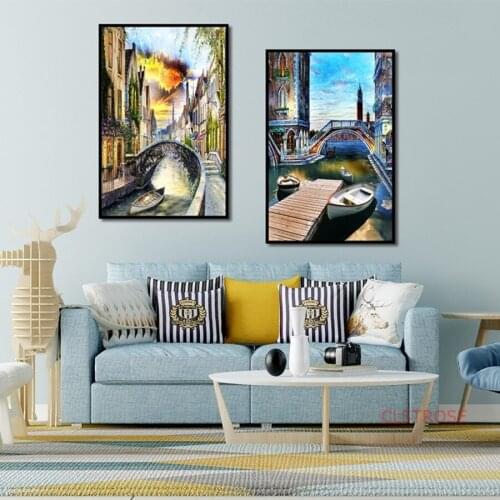 Nordic Poster Vintage Water Town Landscape Oil Canvas Painting Art Wall Pictures For Living Room Modern Home Decoration No Frame