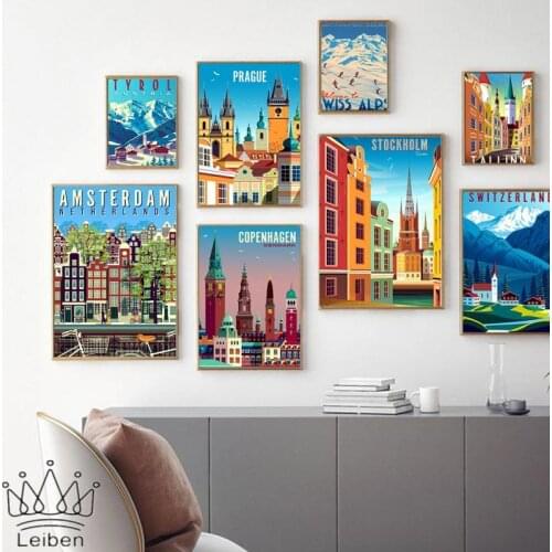 Nordic Travel Cities Landscape Vintage Poster Amsterdam Denmark Tyrol Prague Canvas Painting Wall Art Picture Decor Living Room