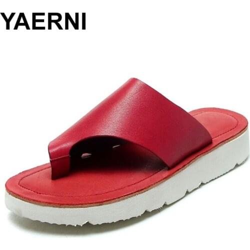 YAERNI2020 summer women slippers 100% genuine leather flat thongs women candy color light casual beach thongs