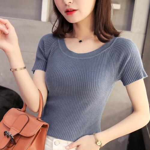 2021 New Summer Women Fashion Korean O-Neck Solid Color Tees Short Sleeve Knitted Female Ice Silk All-match Jumper T-Shirts A08