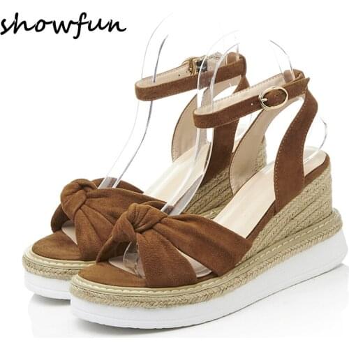 Womens real suede leather wedge platform sandals ankle strap open toe summer high heel bohemia style dress pumps bow tie shoes
