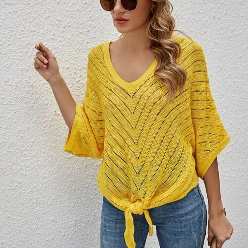 Spring Summer Womens V-neck Short Sleeve Bat Wing Sweater Females Thin Hollow Out Knitting Shirt Girls Backless Lace Up Tops
