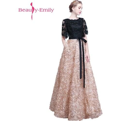 Beauty Emily Long Black Lace Evening Dresses 2019 Formal Party Occasion Prom Dresses A-line Half Sleeve vestido de noite