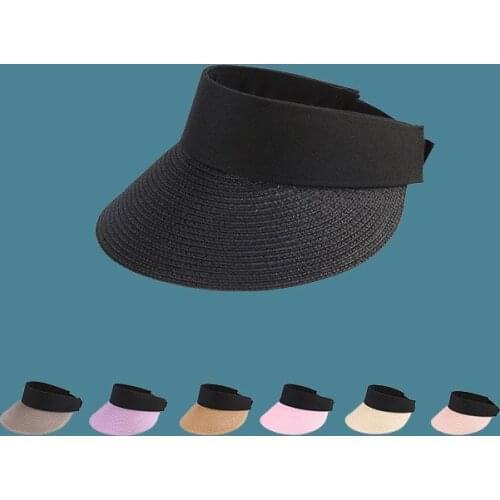 Summer Empty Top Suncap Foldable Magic Tape Roll-up Beach Hat Wide Brim Women Sun Hat Fashion Casual Straw Uv Protection Cap 1pc