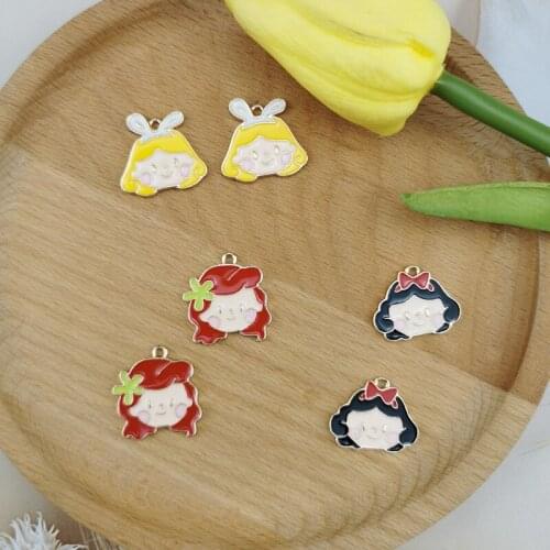 10pcs Cute Enamel Charms For Jewelry Making Cartoon Girls Head Earring Pendants Golden Metal Princess Fashion Bracelet Finding