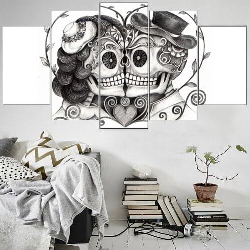 5 Pieces Wall Art Canvas Painting Black And White Skull Poster Home Decoration Pictures Modern Living Room Wall Painting