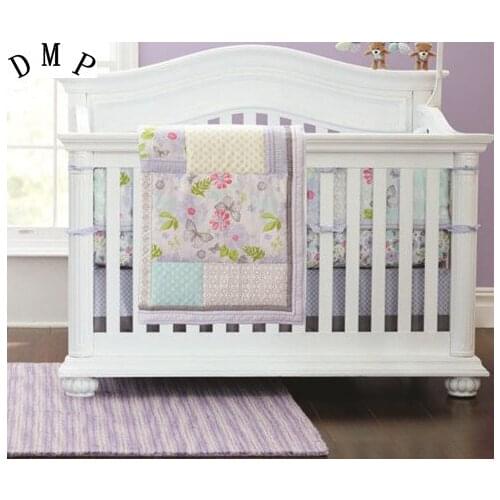 7pcs Embroidery baby cot bedding protector de cuna curtain crib bumper baby cotton sets, (4bumpers+duvet+bed cover+bed skirt)