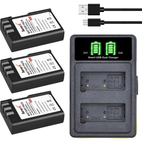 3Pcs 2000mAh EN-EL9 EN EL9 EL9A EN-EL9a Batteries + LED Built-in USB Charger Type C for Nikon D40 D60 D40X D5000 D3000
