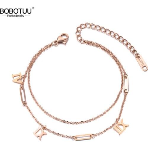 BOBOTUU Double Layers Roman Numerals Charm Bracelet Jewelry Rose Gold Titanium Steel Chain & Link Bracelets For Women BB19050