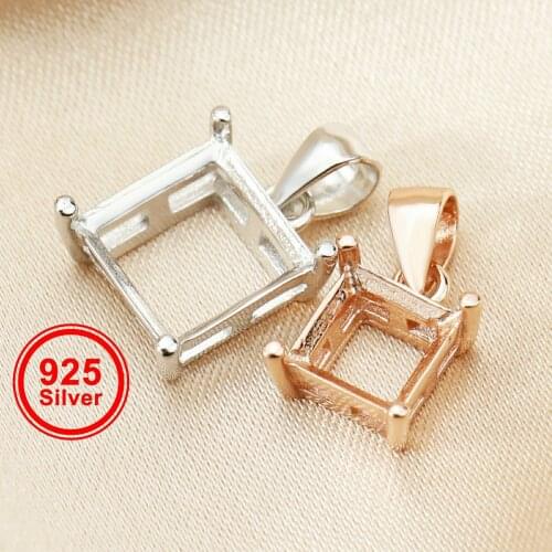 5-10MM Square Prong Pendant Charm Settings Simple Rose Gold Plated Solid 925 Sterling Silver DIY Bezel Tray for Gemstone 1431067