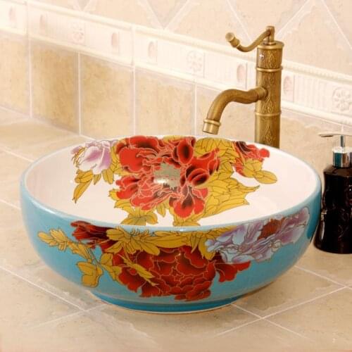 Home & Hotel Decor Artistic China Painting cordate telosma Ceramic Art Bathroom Vessel Sinks Round counter top hair wash basin