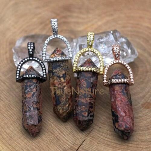 Double Terminated Red Leopard Skin Jaspers Pendant, Healing Petite Nugget Stone, Copper Cap Micro Bead Inset In 45*10 mm PM7415