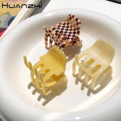 HUANZHI 2021 New Acetate Hair Claw Small Size Geometric Checkered Mosaic Plaid Grid Clamps Grabs for Women Daily Accessories