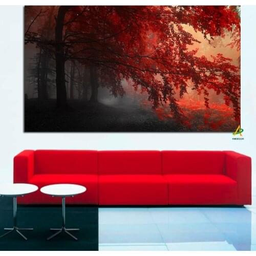 Nordic Big size Morning Maple Leaf Forest Posters and Prints Modern Landscape Canvas Painting Wall Art Picture Living Room Decor