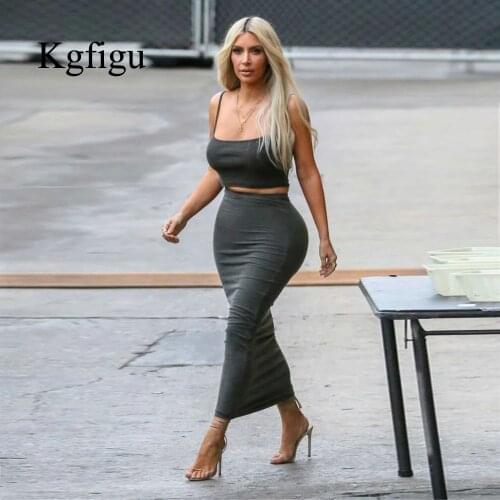 KGFIGU Good Stretch Two Piece Set Summer Gray Fitness A-Line Tight Skirts Women Sexy Strapless Camis Cute Tank Top Soft Clothes