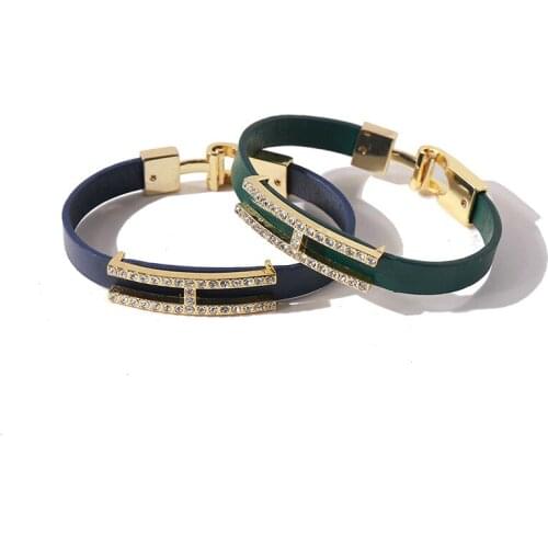 Newest Design Bangle Gold color H Letter with Full Crystal 7 Color PU Leather Bracelet for Charm Lady Fashion Party Jewelry Gift